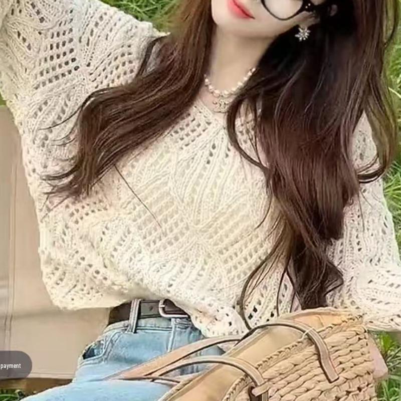 Korean Style V-Neck Knit Sweater - Loose, Long Sleeve, Hollow Design for Spring & Autumn 2025