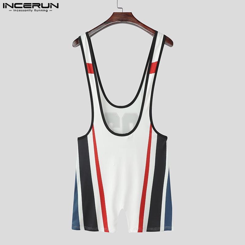 INCERUN Men Low Cut Sleeveless Letter Striped Print Home Wear Jumpsuits Rompers