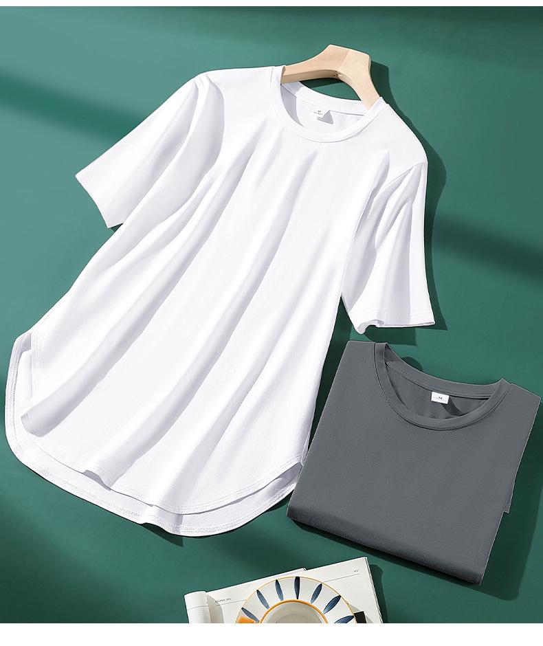 Women's Cool Ice Feel Solid Color Round Neck Short Sleeve Loose Fit Summer Top with Curved Hem