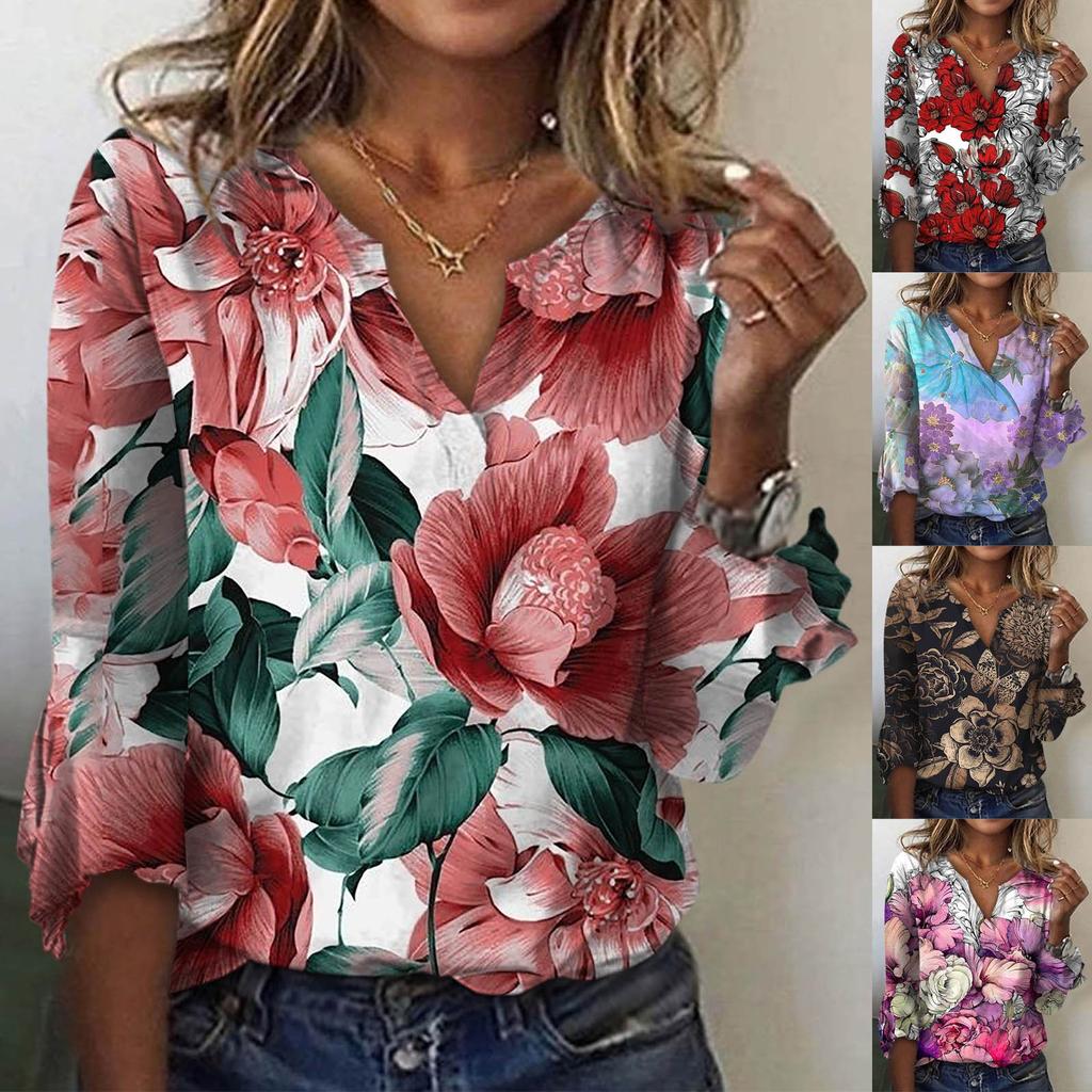 Ladies Loose Casual Three-quarter Sleeves V-neck Lace Floral Print T-shirt Top