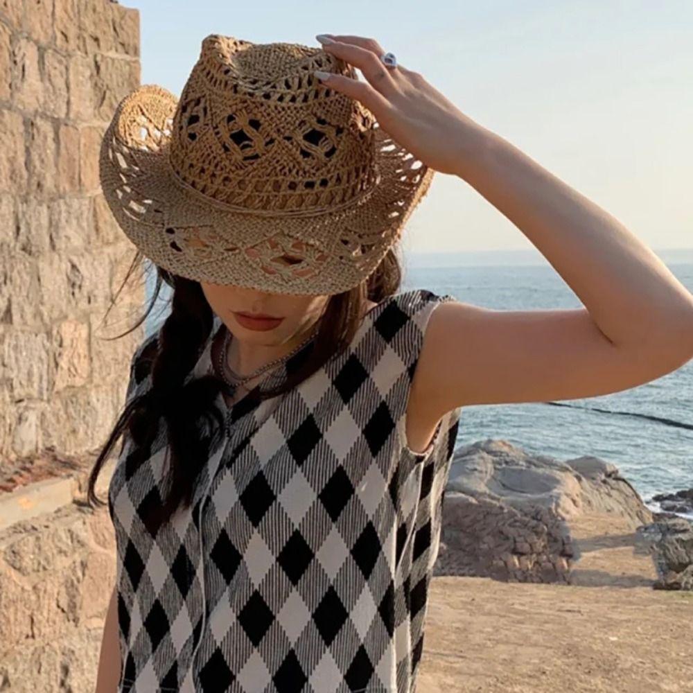 Wide Brim Western Cowboy Cap Curled Sun Hat Vintage Hollow Straw Hat  Daily