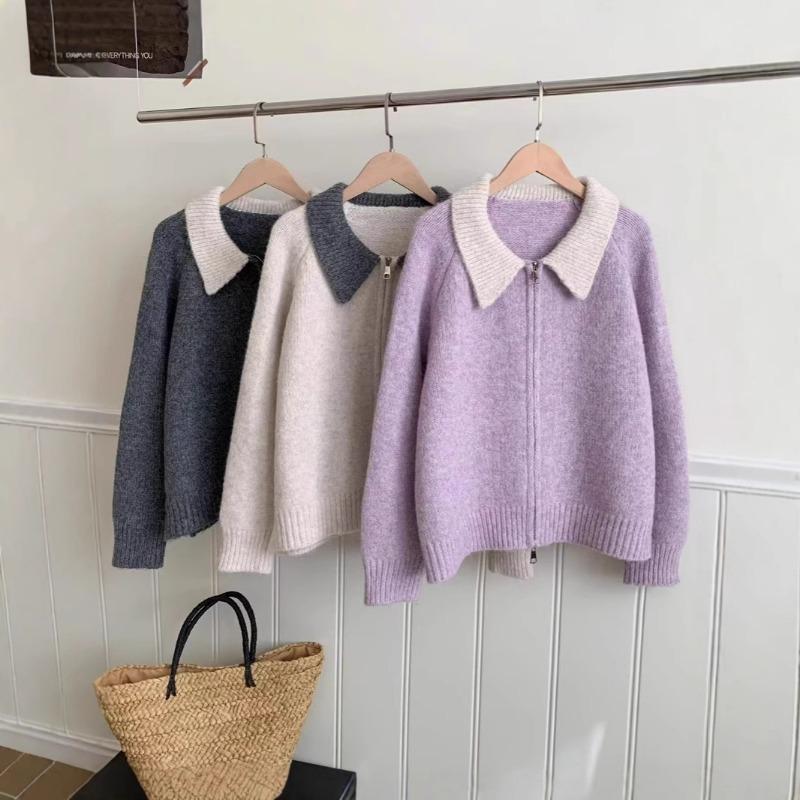 Spring New Loose Contrasting Color Double Zipper Sweater Jacket Soft Waxy Temperament Versatile Lapel Knitted Cardigan Women