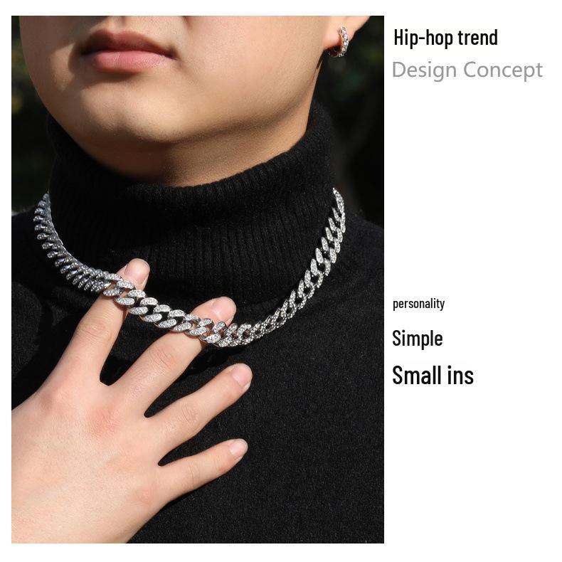 Gu Meng 12mm Men's Cuban Necklace - European & American Style, Hip Hop Design, Alloy with Inlaid Diamond, Versatile Street Jewelry.