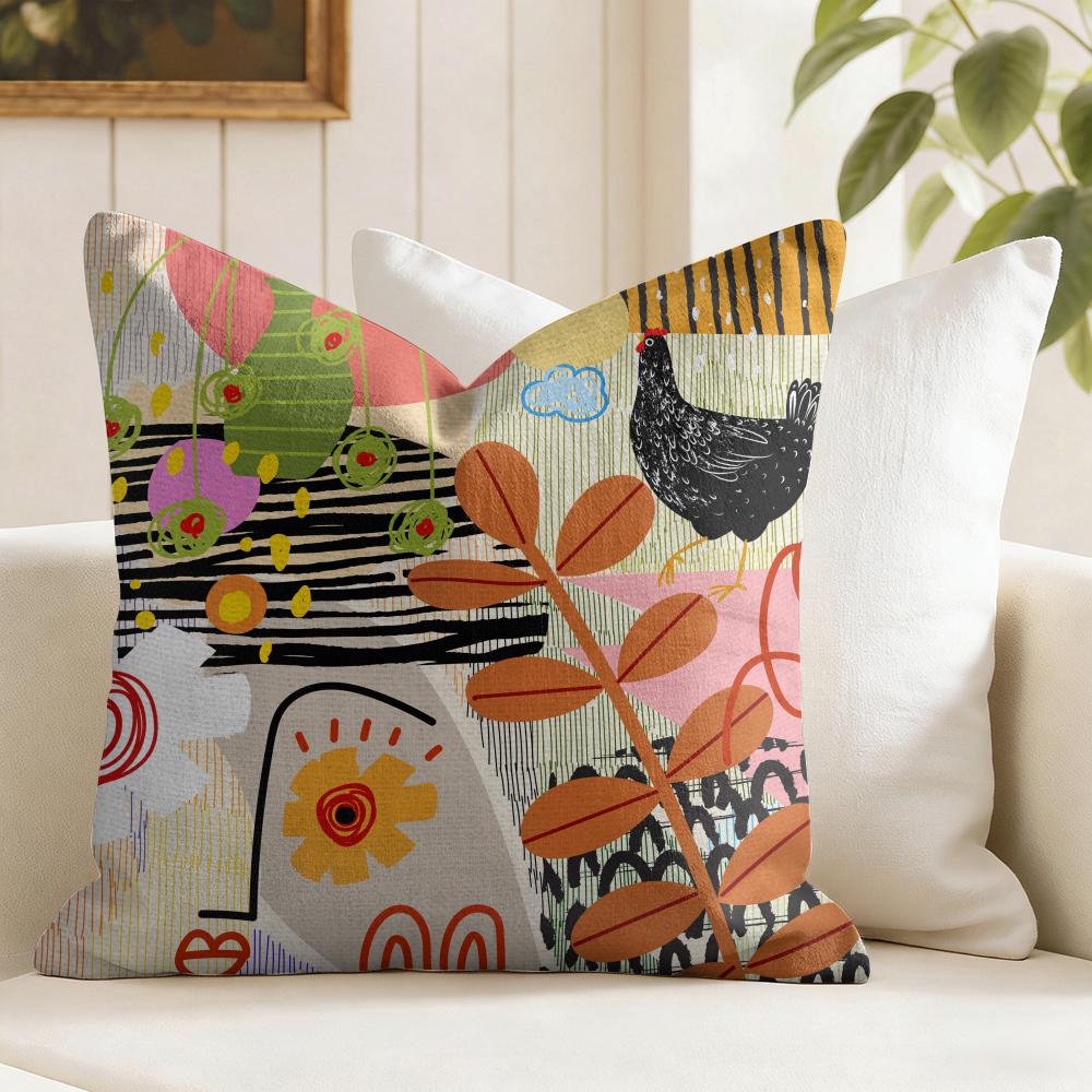 Rooster Doodle Art Cushion Cover Summer Linen Pillow Case Organic Fabric Cushion Cover DoubleSided Print Sofa Home Decor 30X30cm