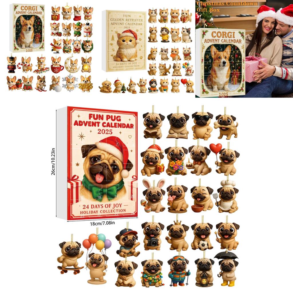 Calendario dell'Avvento in Acrilico con Pug, Gatto, Cavallo, Corgi e Animali, con 24 Decorazioni per Scambio di Regali Natalizi