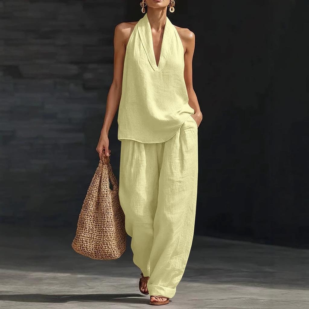 Spot European and American Cross-border Amazon Large-size Women's Set Hanging Neck V-neck Cotton and Linen Blended Commuter and Leisure Two-piece Set