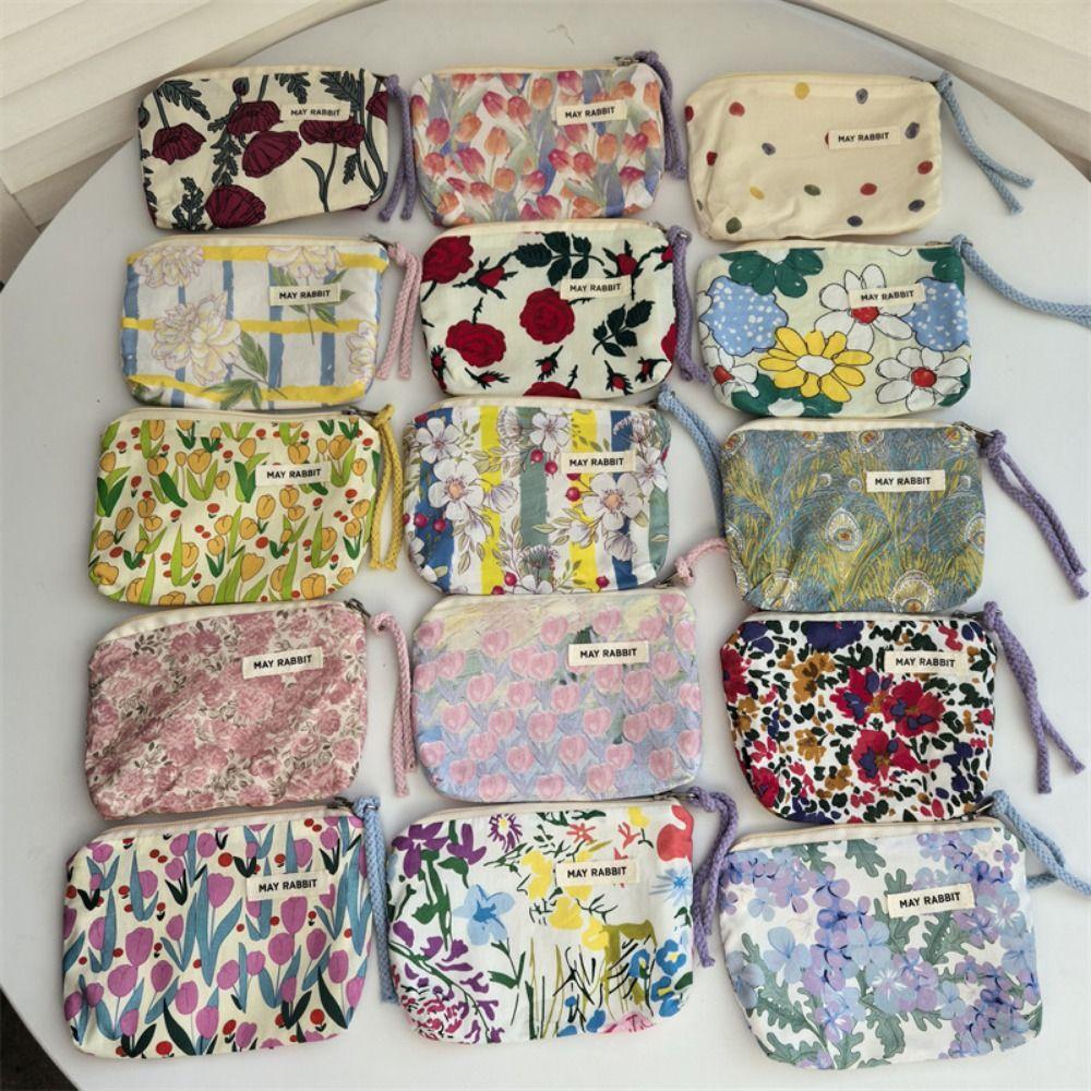 New Cartoon Square Cosmetic Bag Small Flower Storage Pouch Zipper Sanitary Napkins Makeup Bags Women