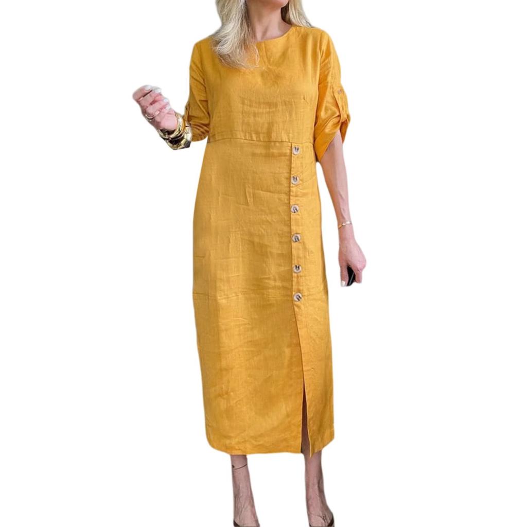 Ladies' Fashion Solid Color Round Neck Button Pullover Dress