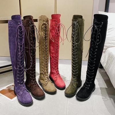 Botas informales para mujer, botas por encima de la rodilla aterciopeladas de tacón bajo para mujer, botas altas hasta el muslo a la moda con cordones para mujer 2024