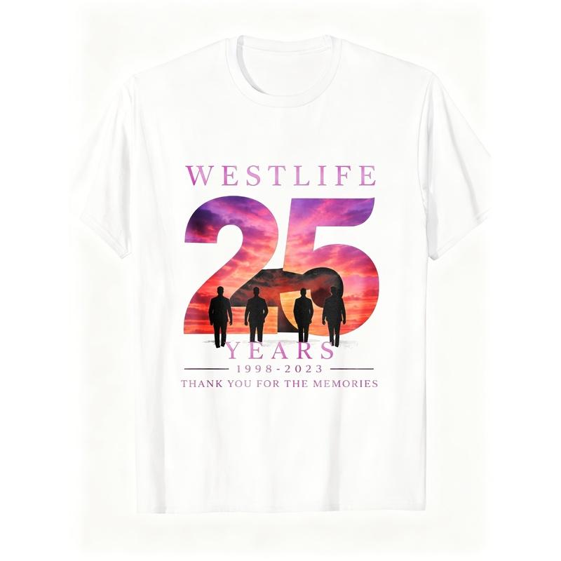 T-shirt da uomo, Stile casual, Design per l'Anniversario dei 25 Anni dei Westlife con Sagome al Tramonto 1998-2023 'Thank You for The Memories' Stampa Grafica,