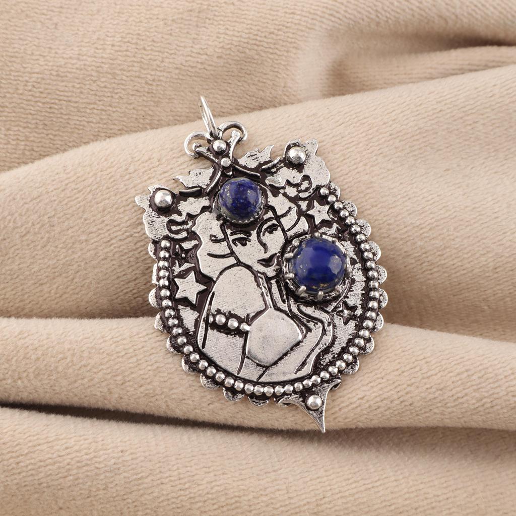 Natural Lapis Lazuli Gemstone 925 Sterling Silver Jewelry Chain Pendant 1.9" For Women CP-44-30