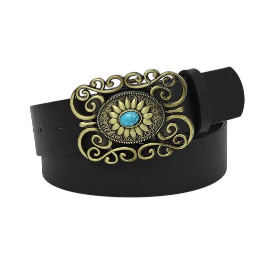 Western Belt Retro Turquoise Design Distressed Silver Buckle Faux Leather Wide Navajo Ethnic Style Waistband 110cm D