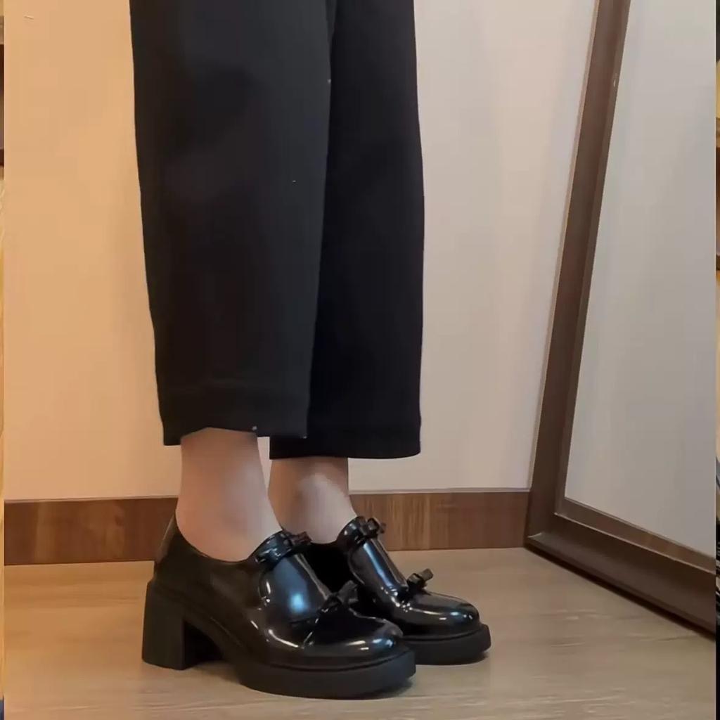 Rindslederversion~ Britischer Stil Schleife kleine Lederschuhe Damen Plateau Loafer echtes Leder schwarz Ein-Pedal faule einzelne Schuhe