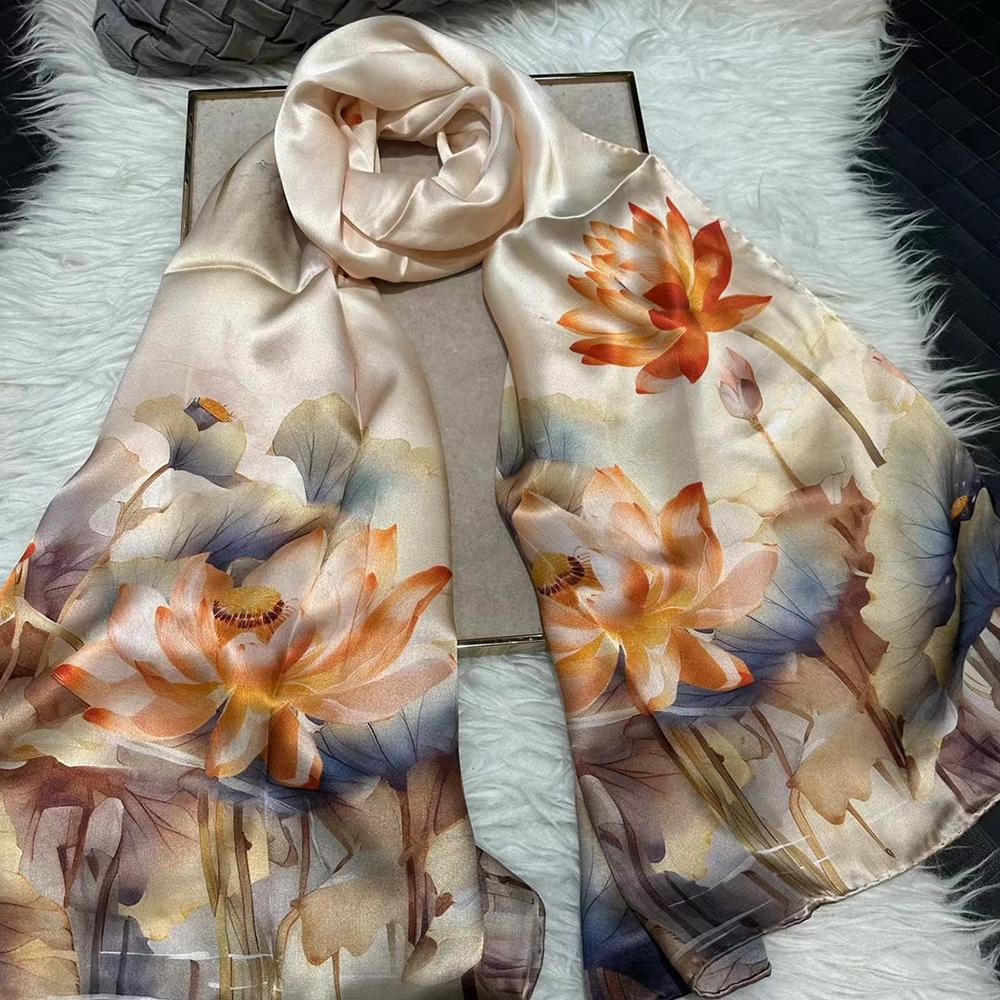 New Blue Women'S 100% Mulberry Silk Scarf Shawl 175*52Cm Fashion Floral Design Long Scarves Wraps Fall Winter Headscarves