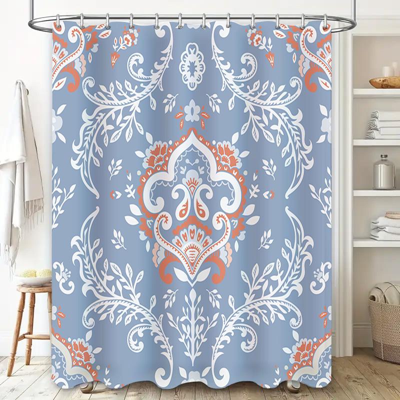 Blue White Orange Flower Waterproof Shower Curtain for Bathrooms Decorative Fabric Shower Panels Home Improvement Accessories