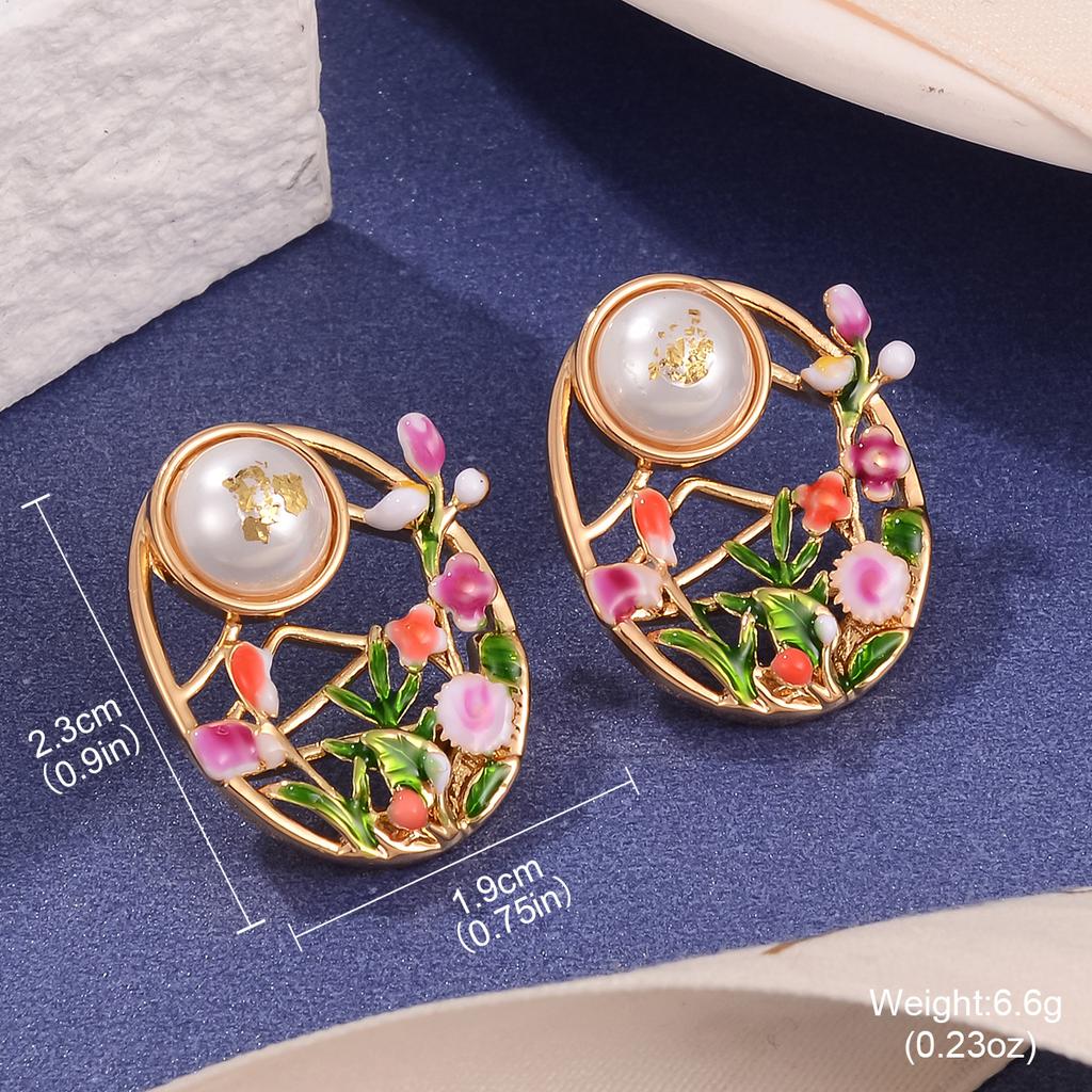 Aesthetic French Retro Enamel Flower Stud Earrings Monet Garden Oil Painting Antique Pearl Oil Dripping Silver Needle Earrings Women