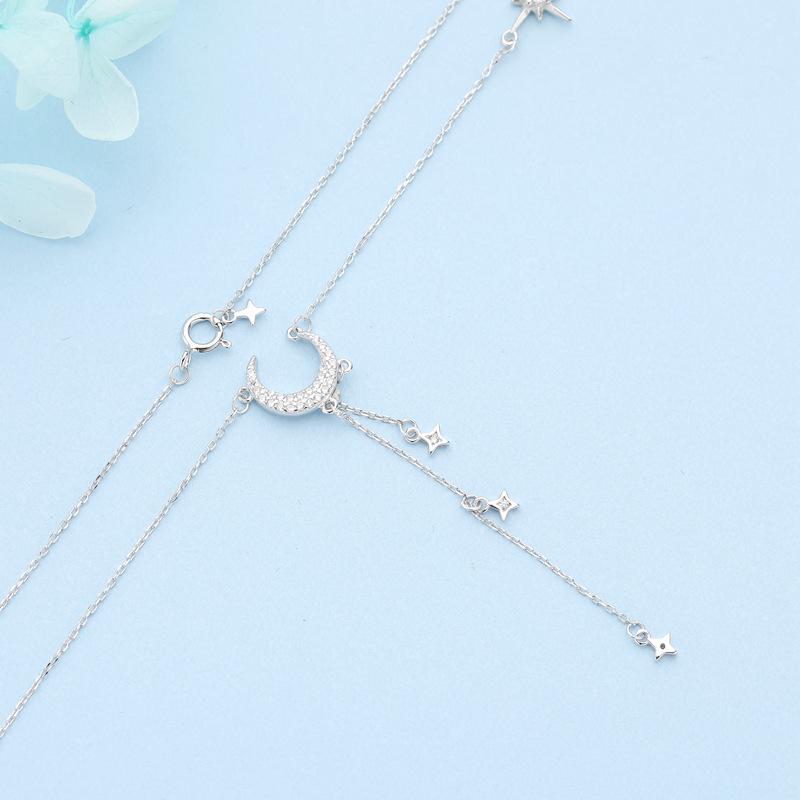 Su Chuang S925 Silver Moon & Star Tassel Necklace: Rhinestone-Inlaid Crescent Collarbone Chain for Women, Light Luxury Design