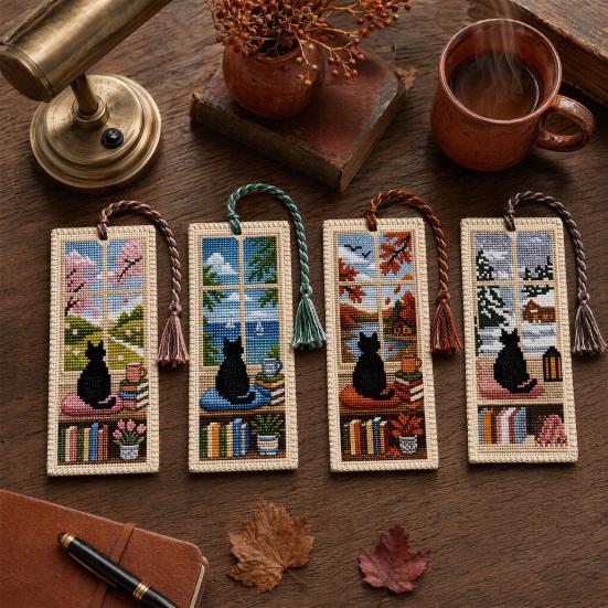 Seasonal Cat Cross-Stitch Bookmark, Four Seasons Black Cat Bookmark with Braided Rope, Handcrafted Book Page Marker for Book Lovers