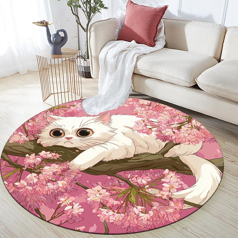 Floral Cat Round Area Rug,Carpet Rug for Living Room Bedroom Sofa Playroom Decor,Non-slip Floor Mat