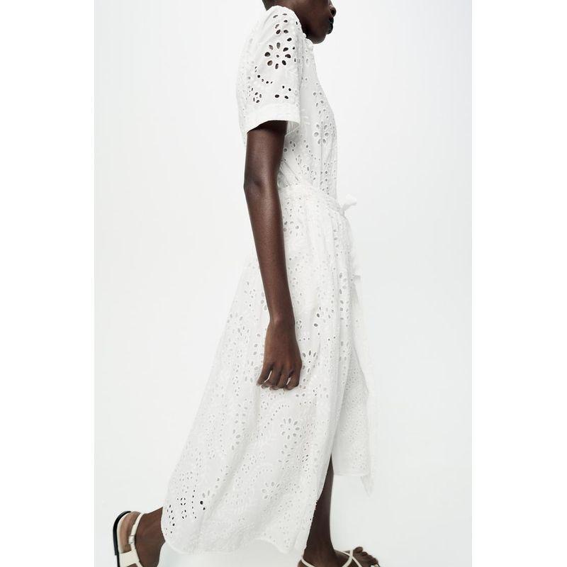 Spring New French Design Elegant Sweet Tie-Neck Waist Embroidered Shirt Style Dress 2614271