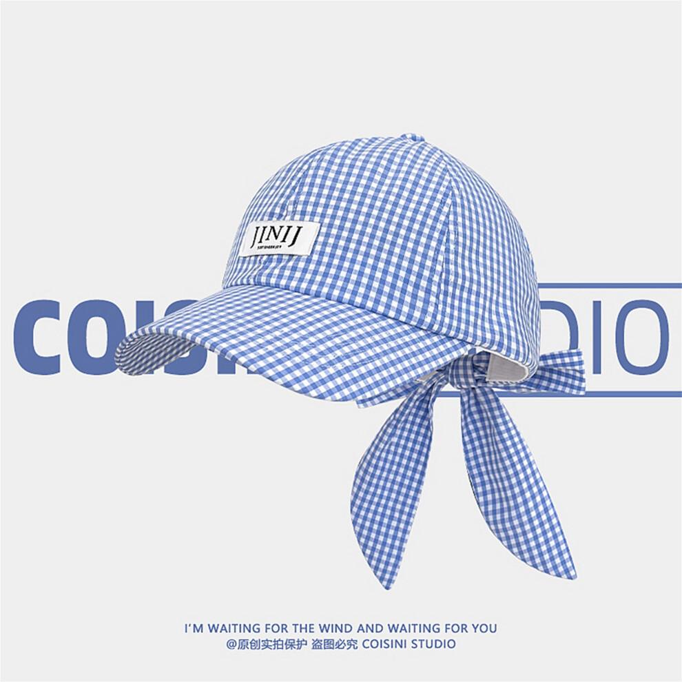 (One Size, Sky Blue) Women Baseball Hat, Wide Brim Plaid Hollowed Ponytail Hat Adjustable Outdoor Sun Hat