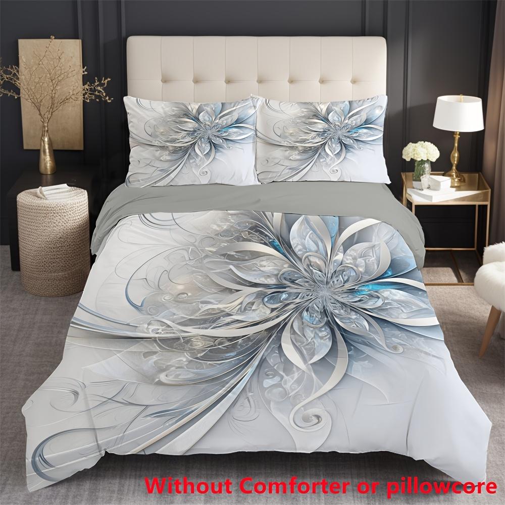 3pcs White Beding Set Premium Silver Flower 3D Print Cozy Soft Duvet Cover King Quen Twin Sized Dimensions Birthday Gift for Adult People Bedrom Decor
