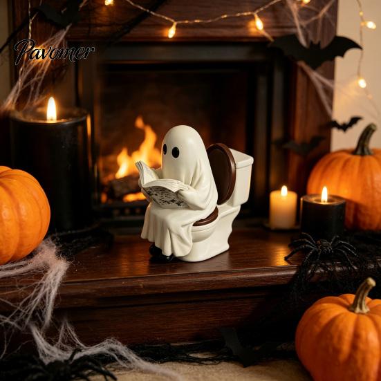 Spooky Mantel Decor Cute Halloween Ghost Figurine, Reading on Toilet Resin Statue, Whimsical Statue Funny Ornament for Tiered Tray Tabletop