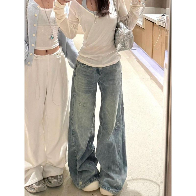 

Light Color and Water Scrubbing Worn Slightly Cut Denim Women s Small High Waist Loose and Slimming All-Matching Straight Loose Pants Summer Light blue pants 155-165cm XL