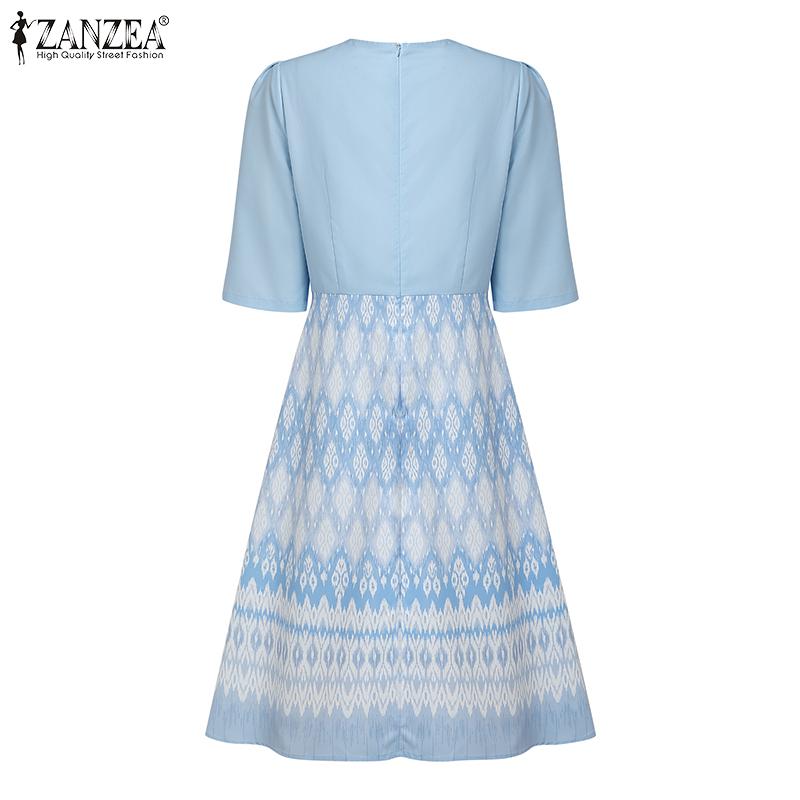 ZANZEA Robe d'été décontractée pour femme, col rond, manches courtes, imprimé patchwork