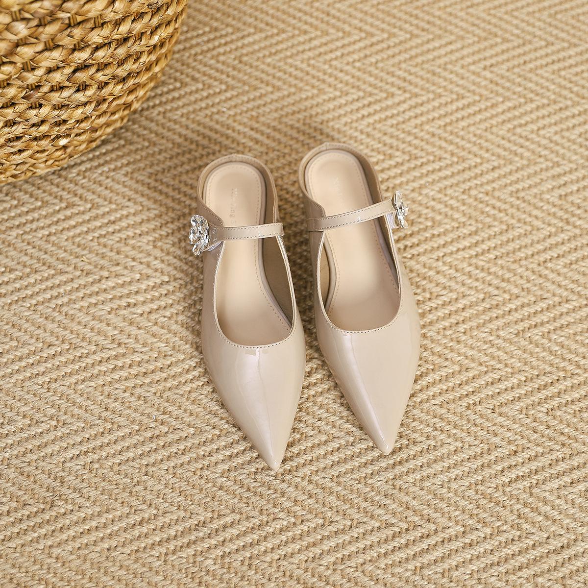 

K77-2 fairy wind crystal flower buckle pointed flat-soled single shoes 2025 new one-pedal low-heeled single shoes women s shoes 40 хаки