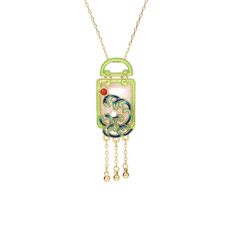 Guochao Court-Style Cloisonné Enamel & Imitation Hetian Jade Ruyi Tassel Necklace