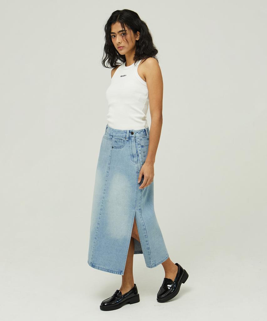MAGOODGAN Ronas 7997 Bleach Wash Light Indigo Denim Long Skirt