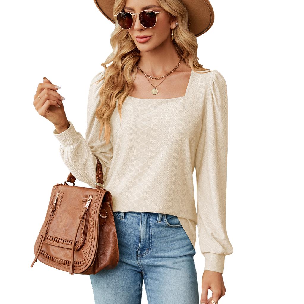 2024 European And American Autumn/Winter New Solid Color Square Collar Jacquard Long Sleeve Loose T-Shirt Top For Women