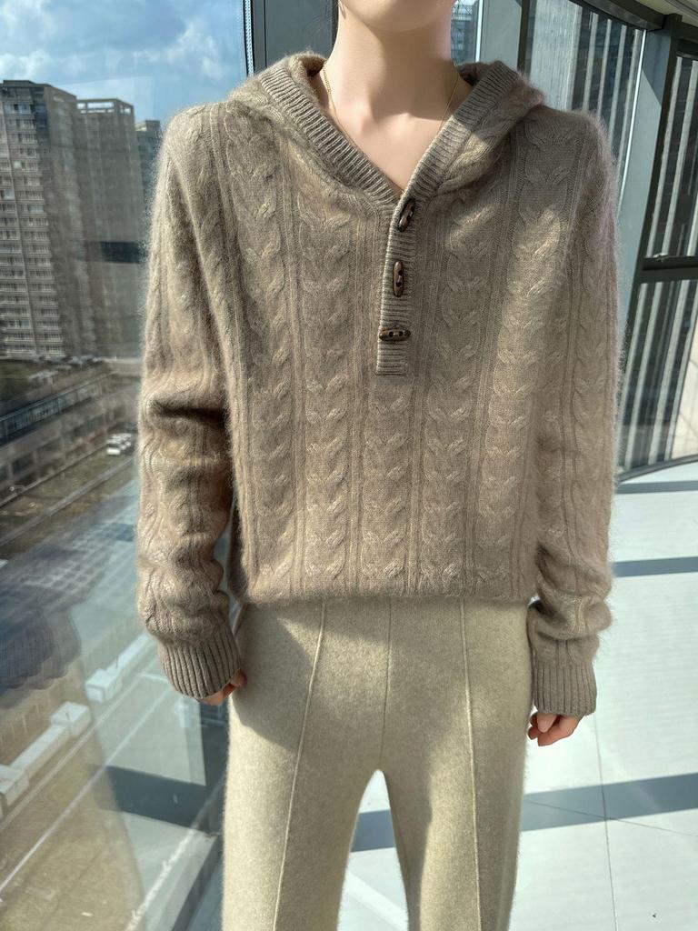 Autumn & Winter Women's Mink Velvet Knit Twist Hoodie - Heavyweight, Loose Fit, Casual Cashmere Sweater