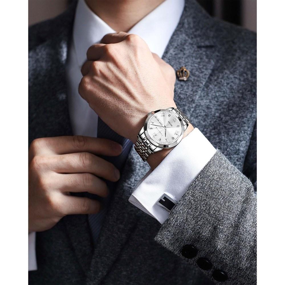 PINDOWS Men's Analog Quartz Watch with Day Date Display Stainless Steel Band Daily Life Water Resistance