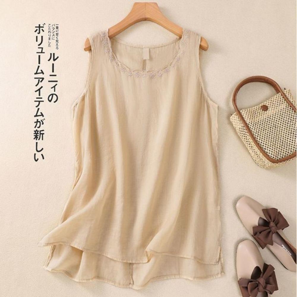 

Strap Vest Women s Summer New Artistic Cotton and Linen Sleeveless Inner Layer Bottom Shirt Versatile Embroidered Round Neck L абрикосовый