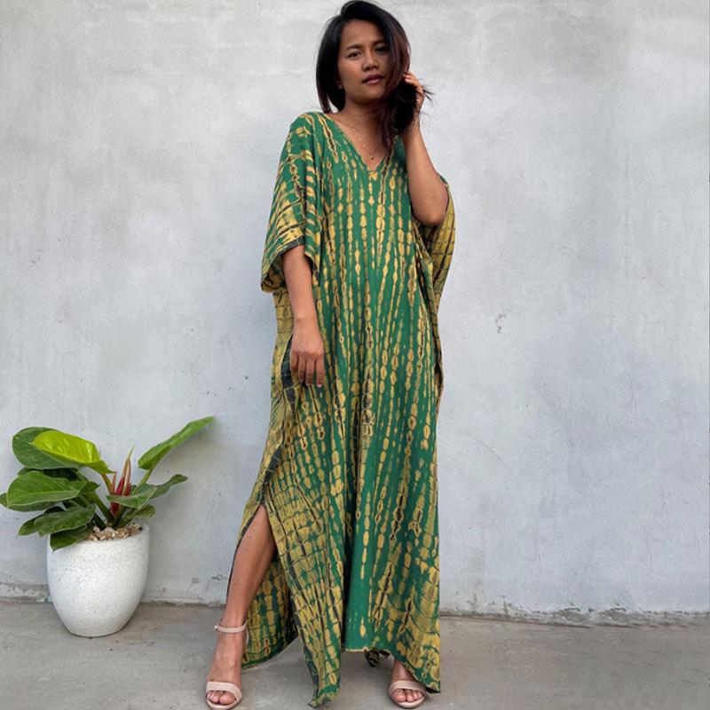 European & American Tie-dye Rayon Beach Dress: Loose, Long Seaside Vacation Robe & Bikini Cover-up with Sunscreen Shirt for Women