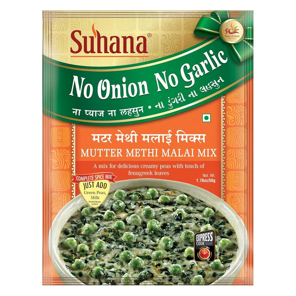 Suhana Mutter Methi Malai Sem Cebola Sem Alho Mistura de Especiarias 50 g Pacote Sachê Com 4 Fácil de Cozinhar Curry Masala Mistura Instantânea
