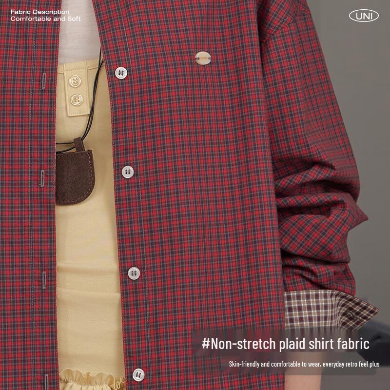 unifree American Campus Style Colorblock Plaid Loose Long Sleeve Shirt