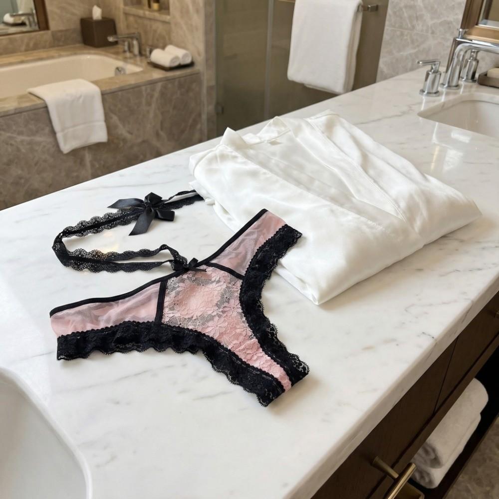 Bow Hanging Neck Chain Mesh Floral Bowknot Panties Lace Underpants Underwear for Women Hotel