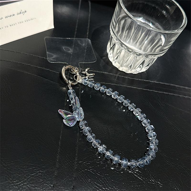 Luxury Colorful Butterfly Crystal Bead Phone Bracelet Strap Charm Chain Knot Cellphone Lanyard Keychain Bag Camera keychain Pend