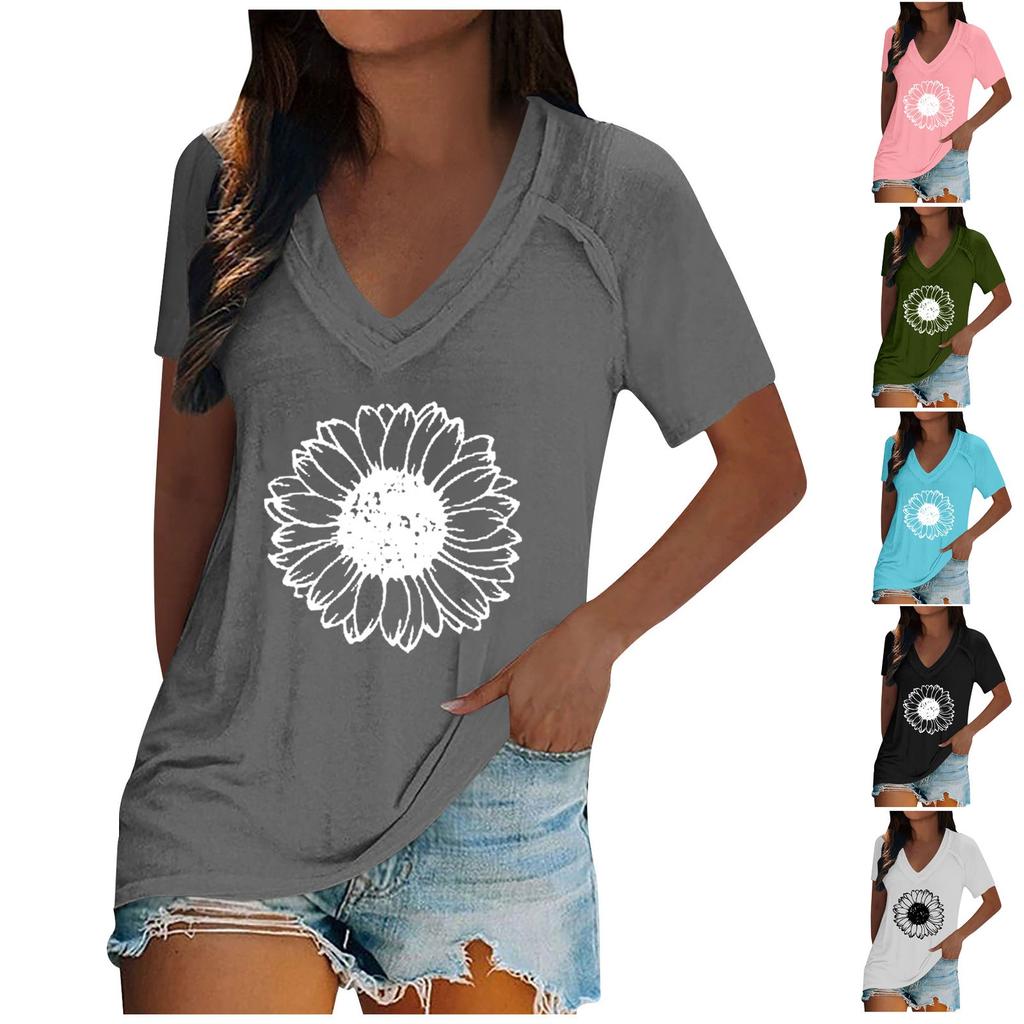 Women's Tops Dressy Summer Fashion Casual Print Casual T-Shirt Shoulder Sleeve V Neck Slim Flowy Tunic