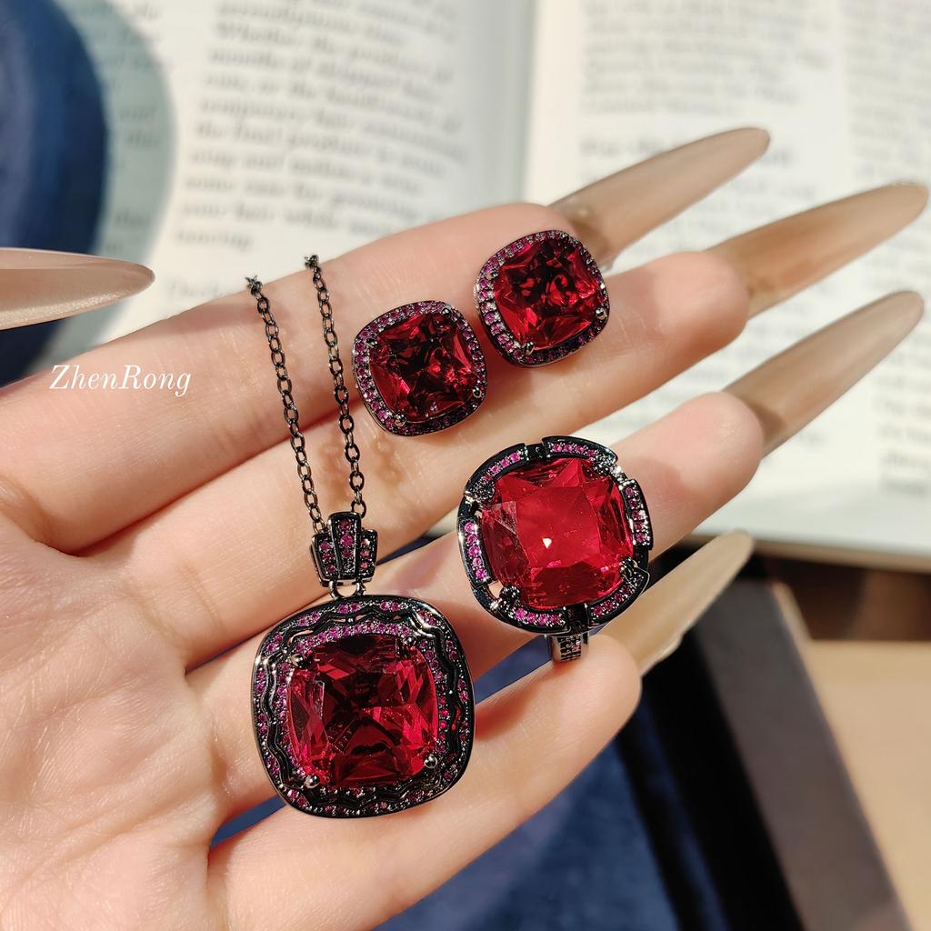 Dark Red Corundum Set, Personalized Black Gold Ring, Femininity Pendant, Necklace, Colorful Treasure Stud Earrings.