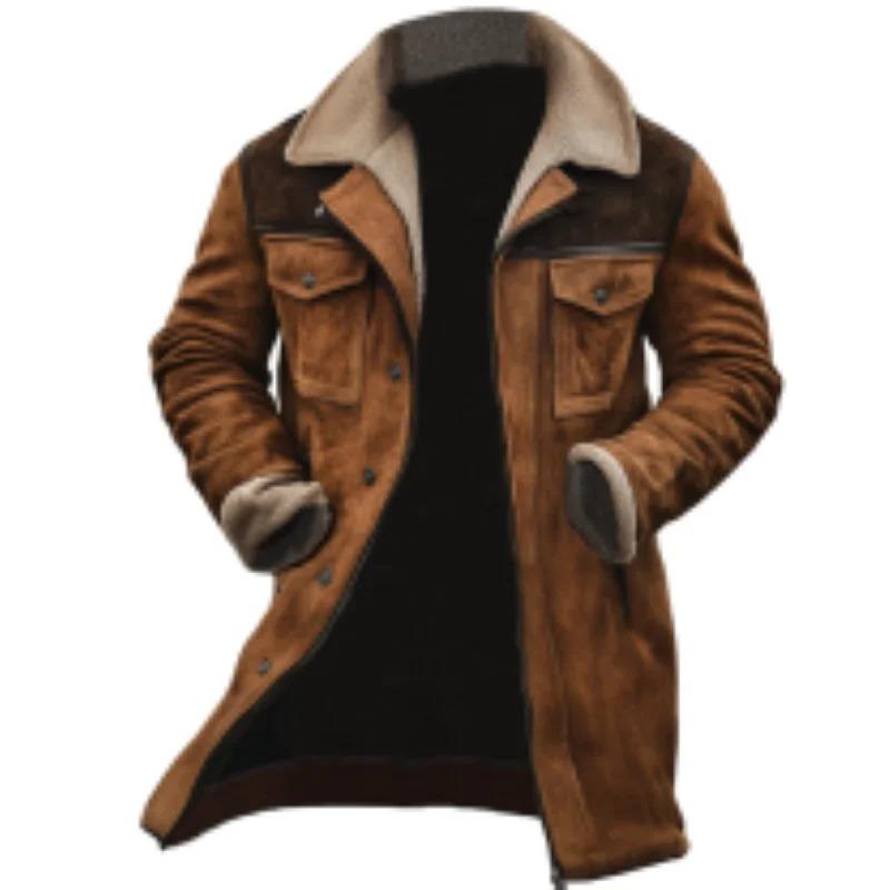2025 Men's Vintage Suede Patchwork Jacket, Lamb Fleece Multi-Pocket Coat, Reverse Collar Outdoor Warm Fleece Coat for Men