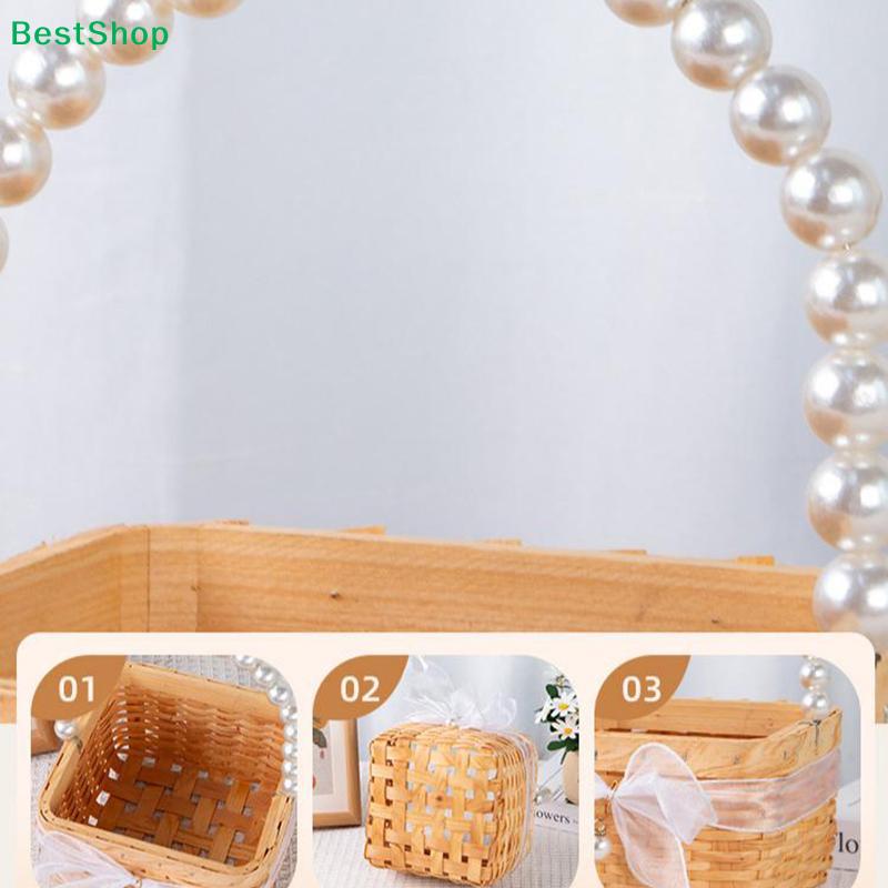 Woven Rattan Wedding Flower Girl Basket with Pearl Handle & Ribbon Bow,Handwoven Storage Basket for Wedding, Party & Home Decor