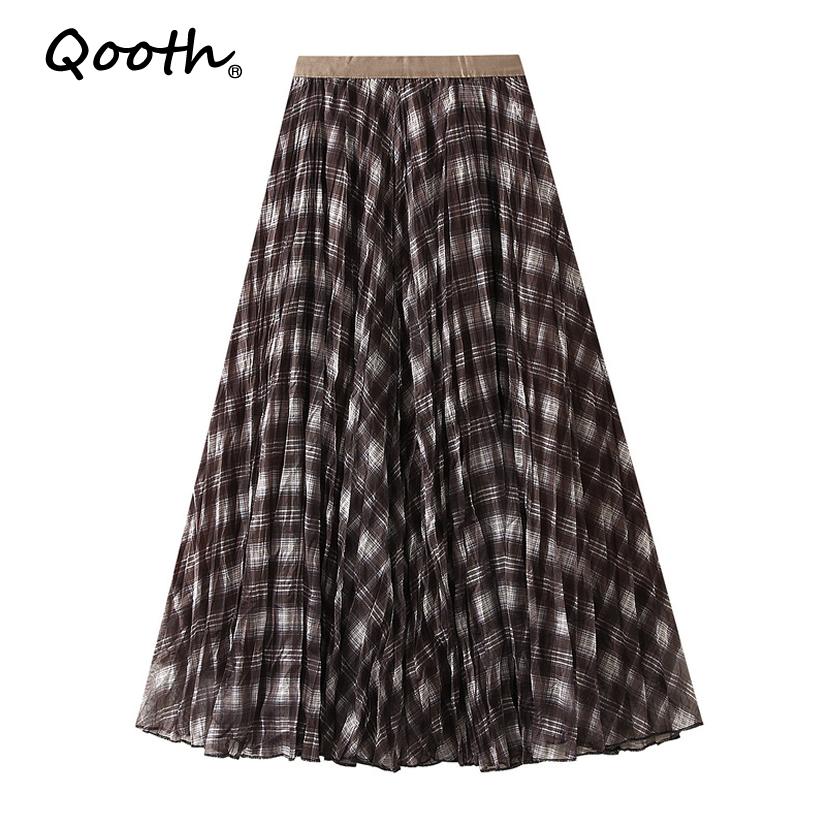 Qooth Autumn Brown Plaid Skirt for Women A-Line Maxi Length Slim Half Skirt QT2745