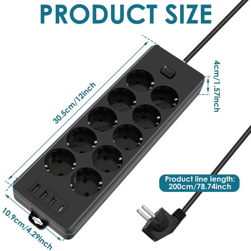 10-Way Multiple Socket Power Strip Surge Protection with 1 Type C Ports and 3 USB A Ports 2000W for Home Office Dorm Gaming Room