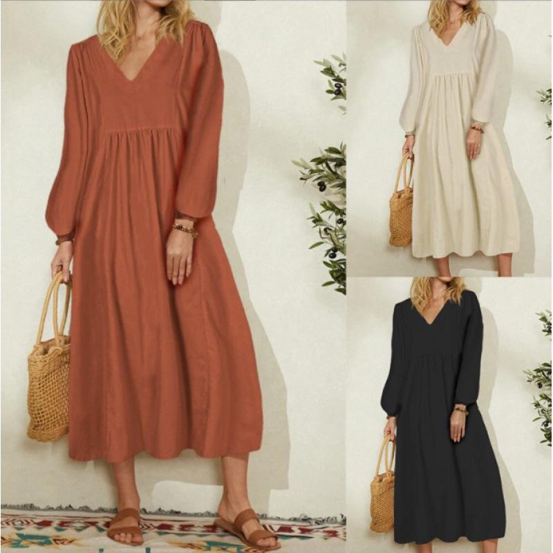 2022 Spring European-American Women's Cotton Linen Lantern Sleeve Dress
