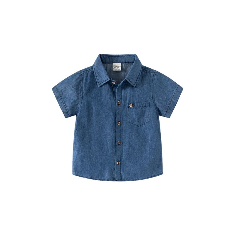 Summer Boys' Denim Short-Sleeve Shirt with Flap Pockets, Children's Collared Shirt, Baby Boy Casual Top, Children's Clothing