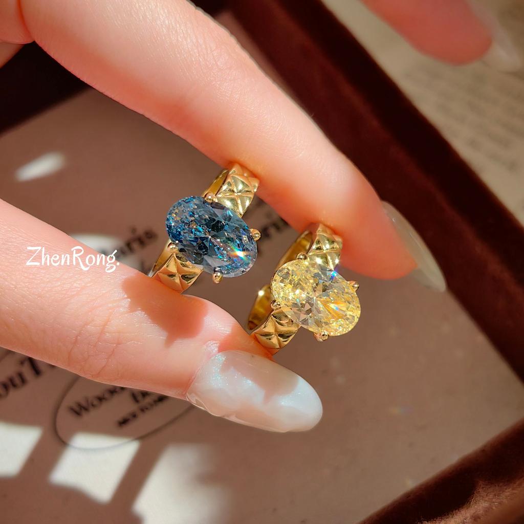 2026 Goose Yellow Pigeon Egg Rhombus Ring Retro Fashion Four Claws Inlaid Paraiba Tanzanian Blue Color Treasure Girl